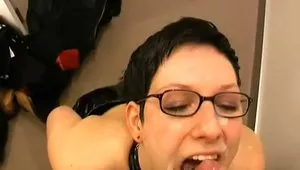 Busty Nerdy Babe On Her Knees